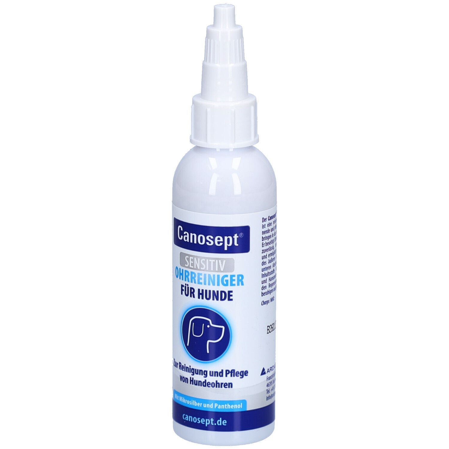 Weiße Flasche mit blau-weißer Beschriftung. Enthält Ohrreiniger für Hunde. Mit Dosierspitze.