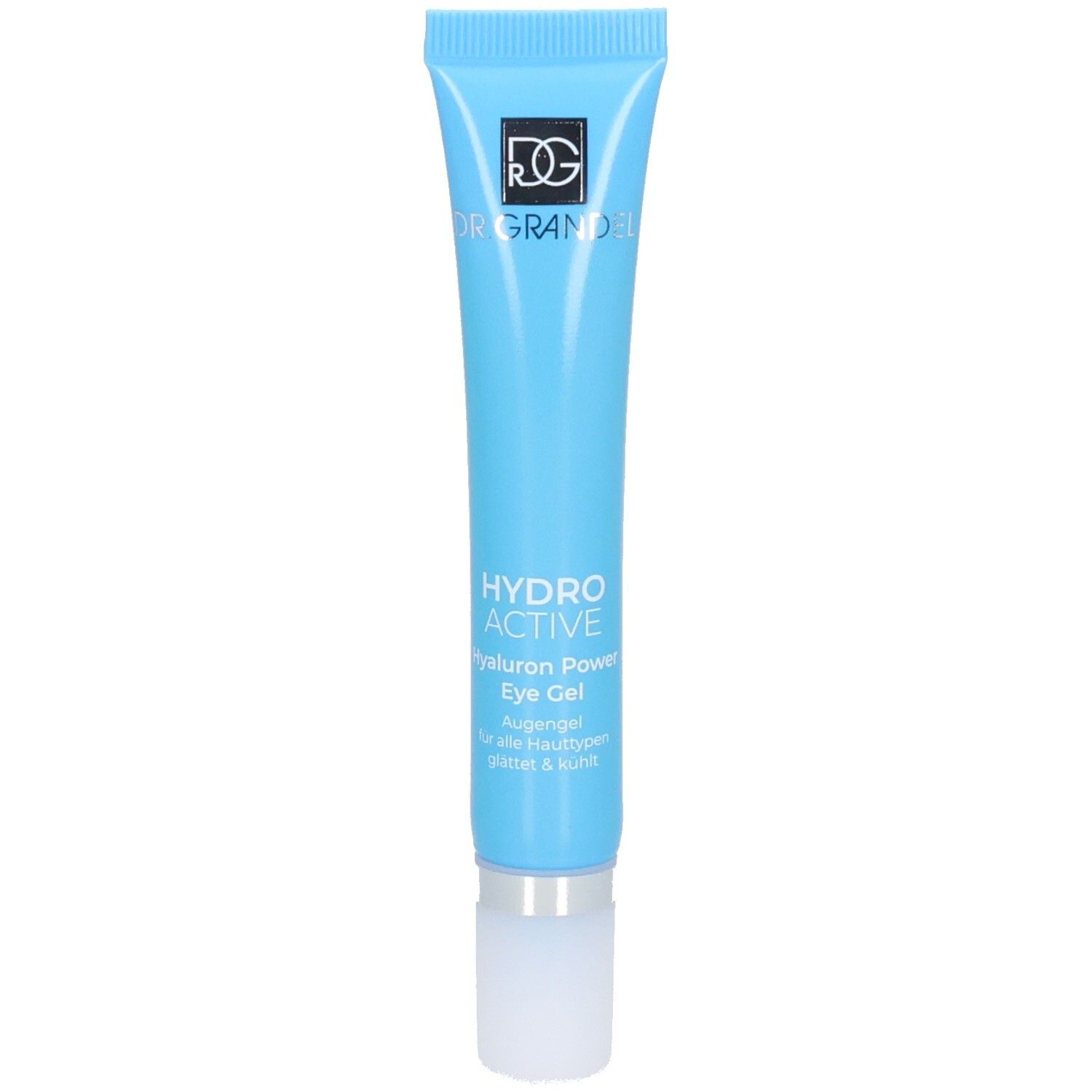 Dr. Grandel Hydro Active Hyaluron Power Eye Gel Tube. Blau mit silbernem Verschluss.