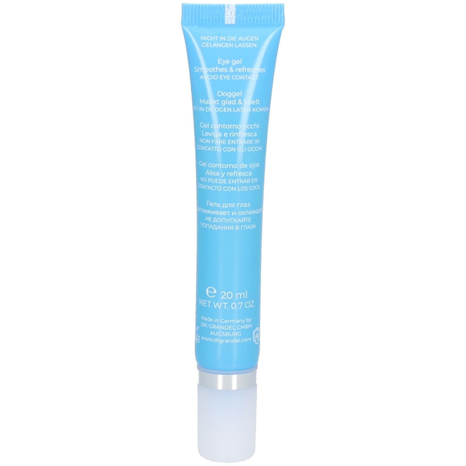 Rückseite der Tube Dr. Grandel Hydro Active Hyaluron Power Eye Gel. Enthält 20 ml.