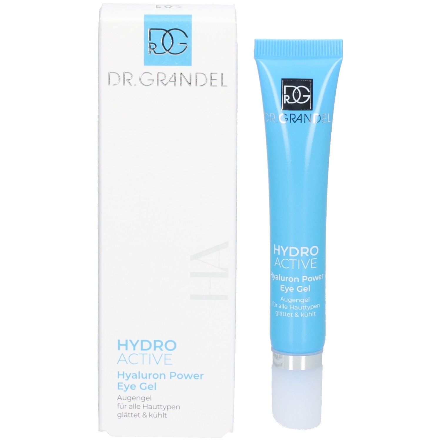 Dr. Grandel Hydro Active Hyaluron Power Eye Gel Tube und Faltschachtel. Blau und weiß.