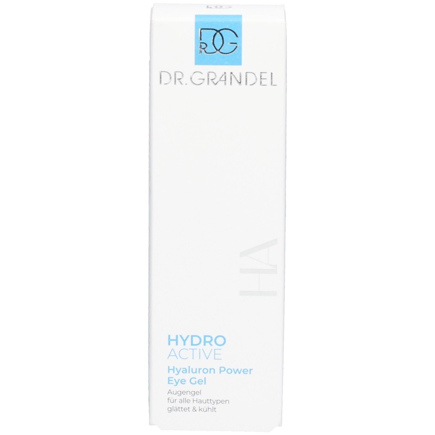 Faltschachtel Dr. Grandel Hydro Active Hyaluron Power Eye Gel. Weiß mit blauen Akzenten.