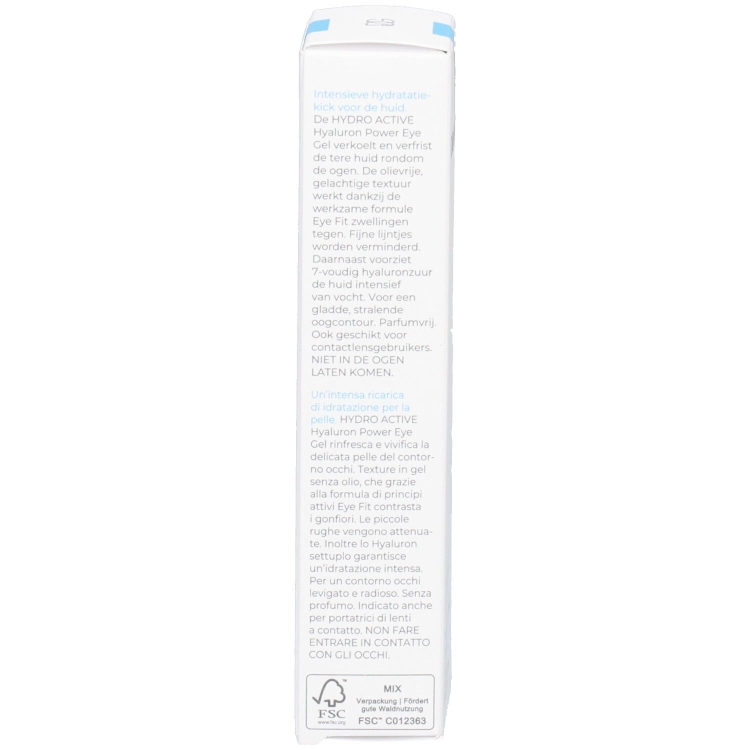 Seite der Faltschachtel Dr. Grandel Hydro Active Hyaluron Power Eye Gel mit Text.