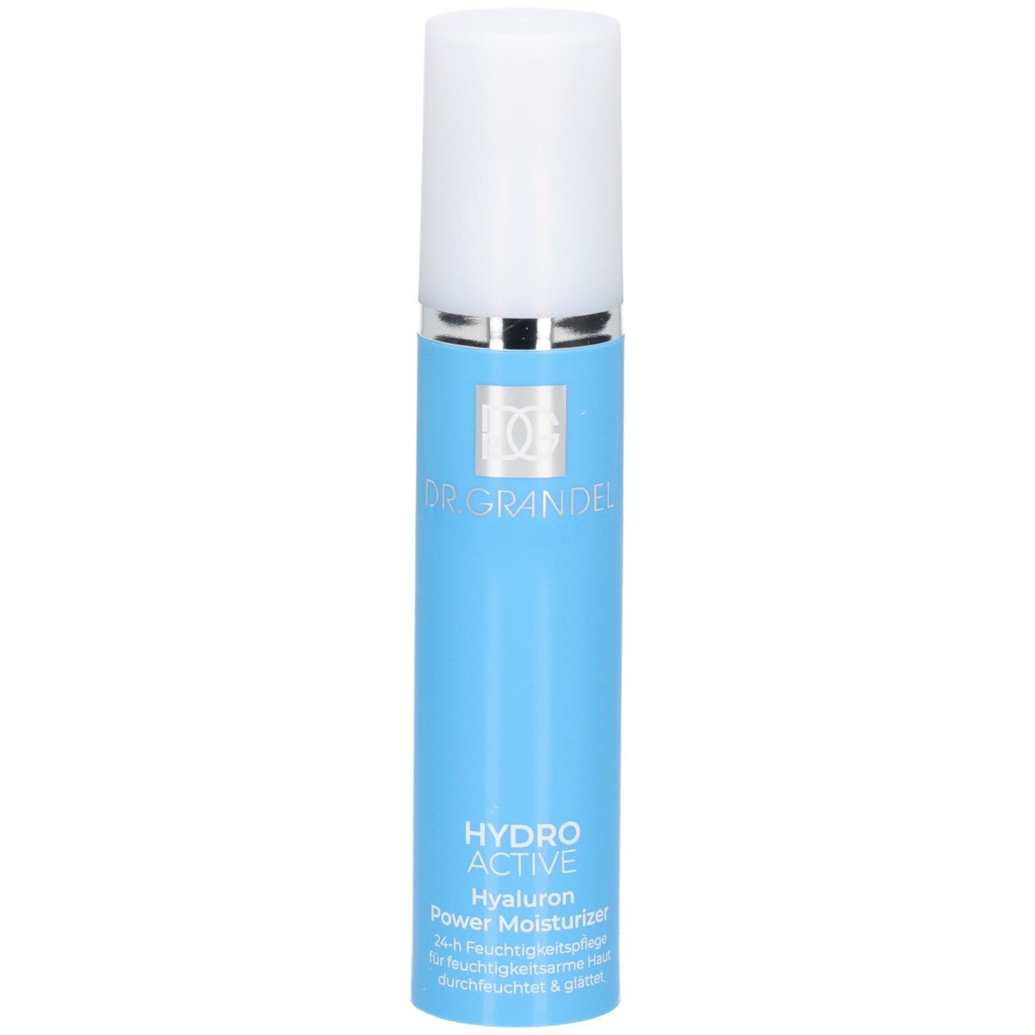 Dr. Grandel Hydro Active Hyaluron Power Moisturizer in blauem Spender mit weißem Deckel.