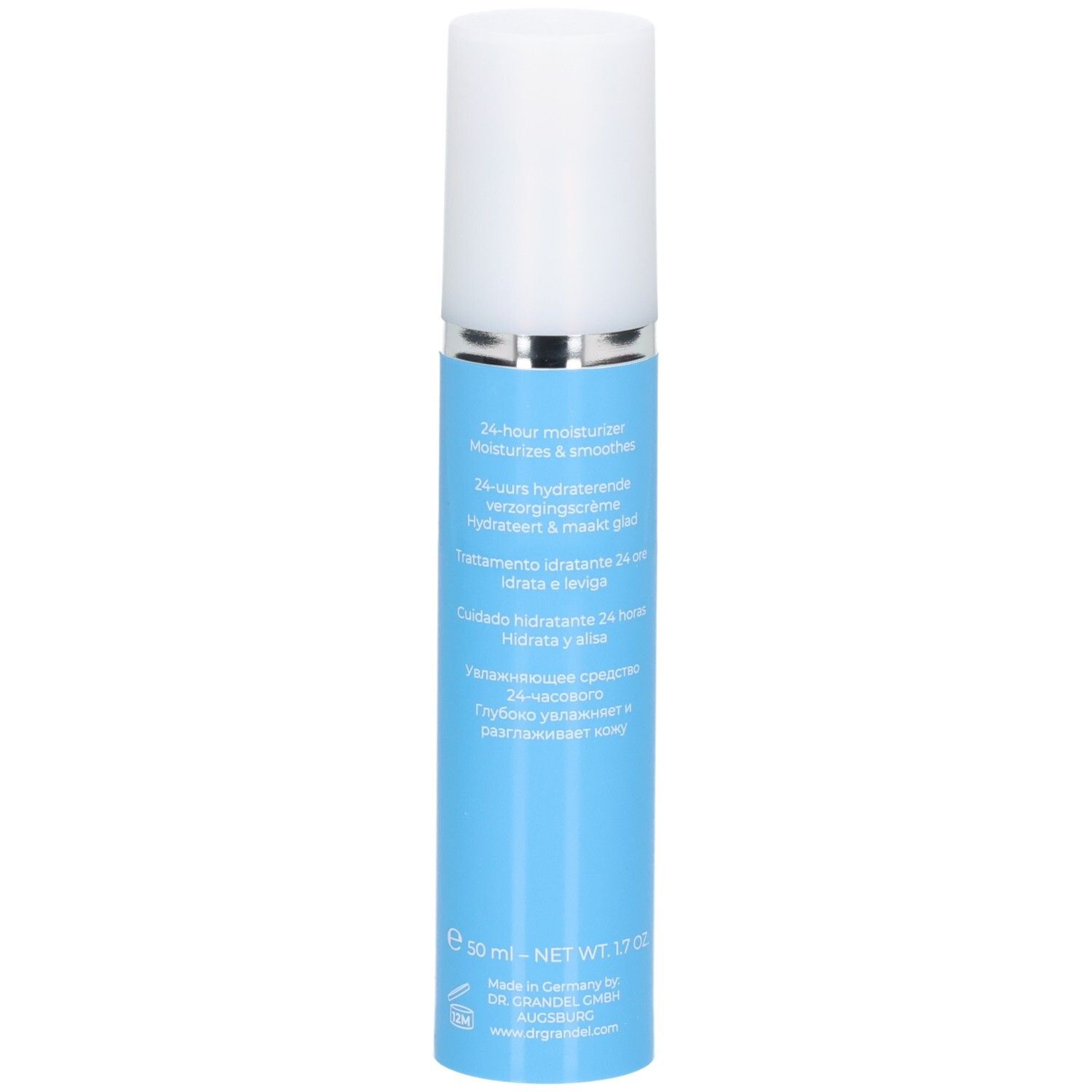 Dr. Grandel Hydro Active Hyaluron Power Moisturizer, 50 ml, in blauem Spender mit weißem Deckel.