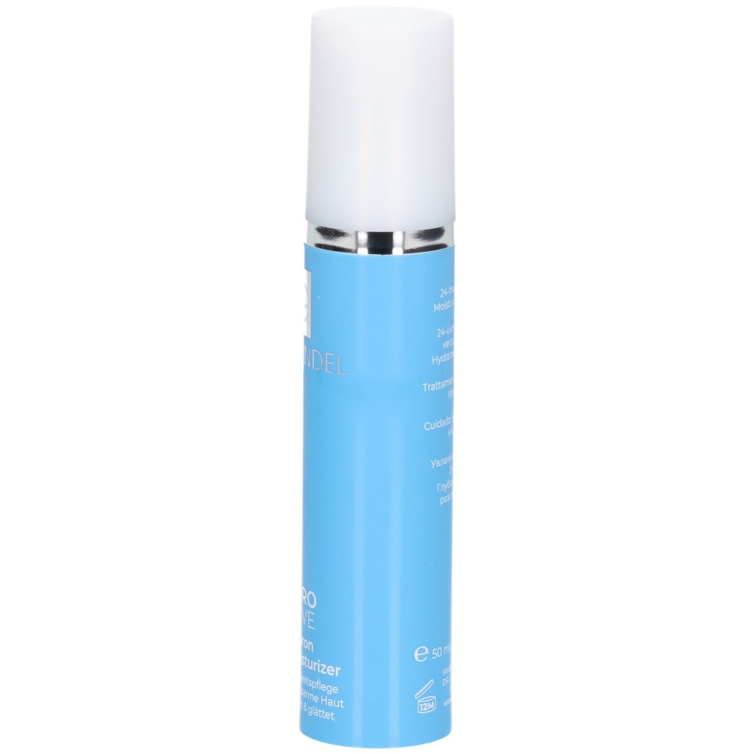 Dr. Grandel Hydro Active Hyaluron Power Moisturizer, Seitenansicht eines blauen Spenders mit weißem Deckel.