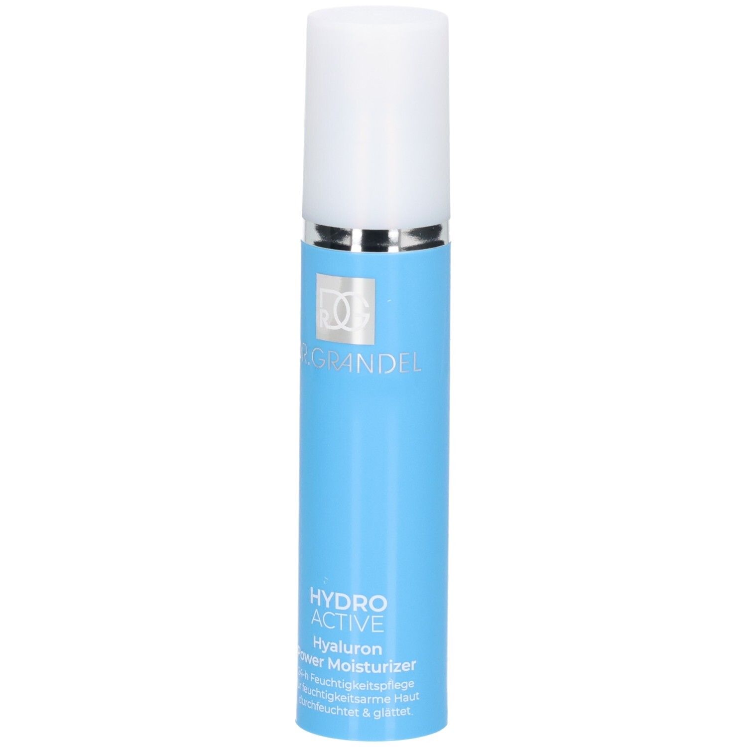 Dr. Grandel Hydro Active Hyaluron Power Moisturizer in blauem Spender mit weißem Deckel.