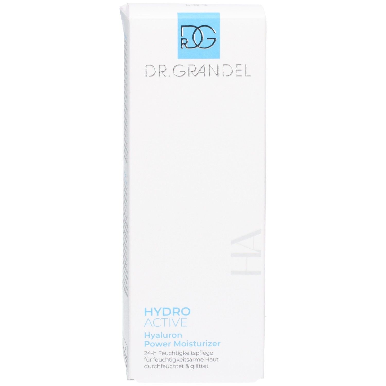 Verpackung von Dr. Grandel Hydro Active Hyaluron Power Moisturizer, weißer Karton mit blauer Schrift.