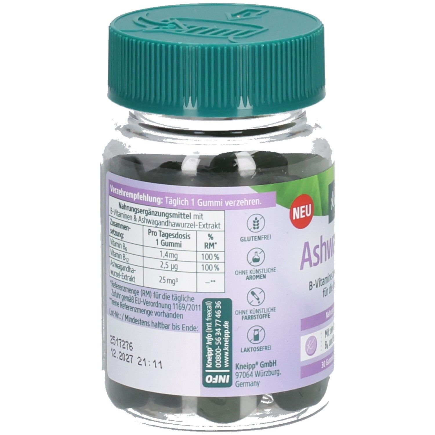 Flacon transparent de KNEIPP Ashwagandha Gummies. Étiquette avec informations produit et nutritionnelles. Bouchon vert.