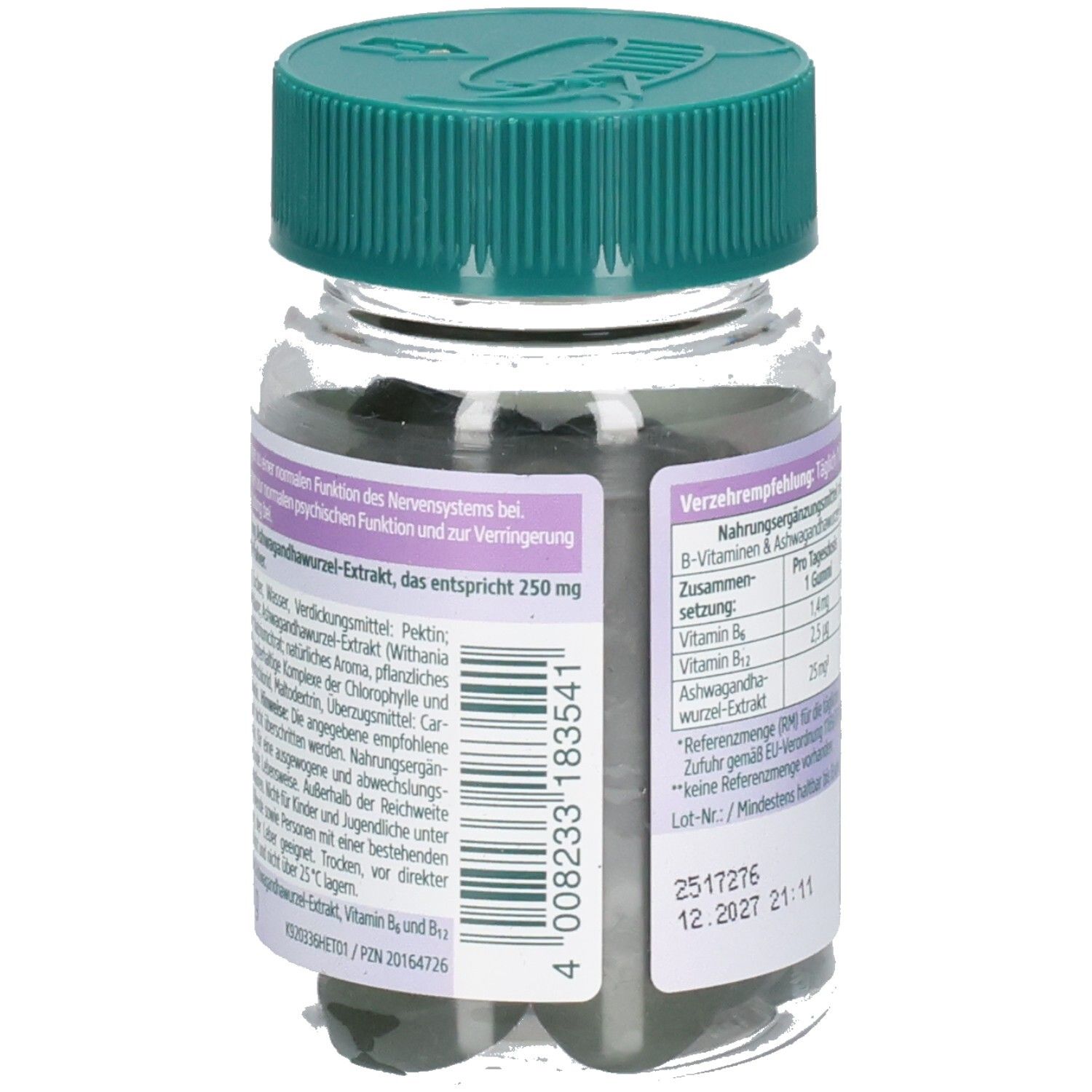 Vue arrière du flacon de KNEIPP Ashwagandha Gummies. Étiquette avec ingrédients et recommandations. Bouchon vert.
