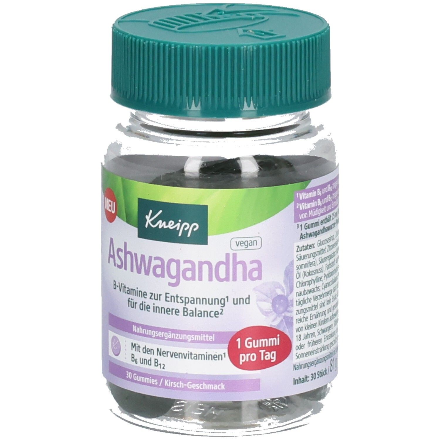 Flacon de KNEIPP Ashwagandha Gummies. Étiquette avec nom du produit, 'vegan' et '1 bonbon par jour'. Bouchon vert.