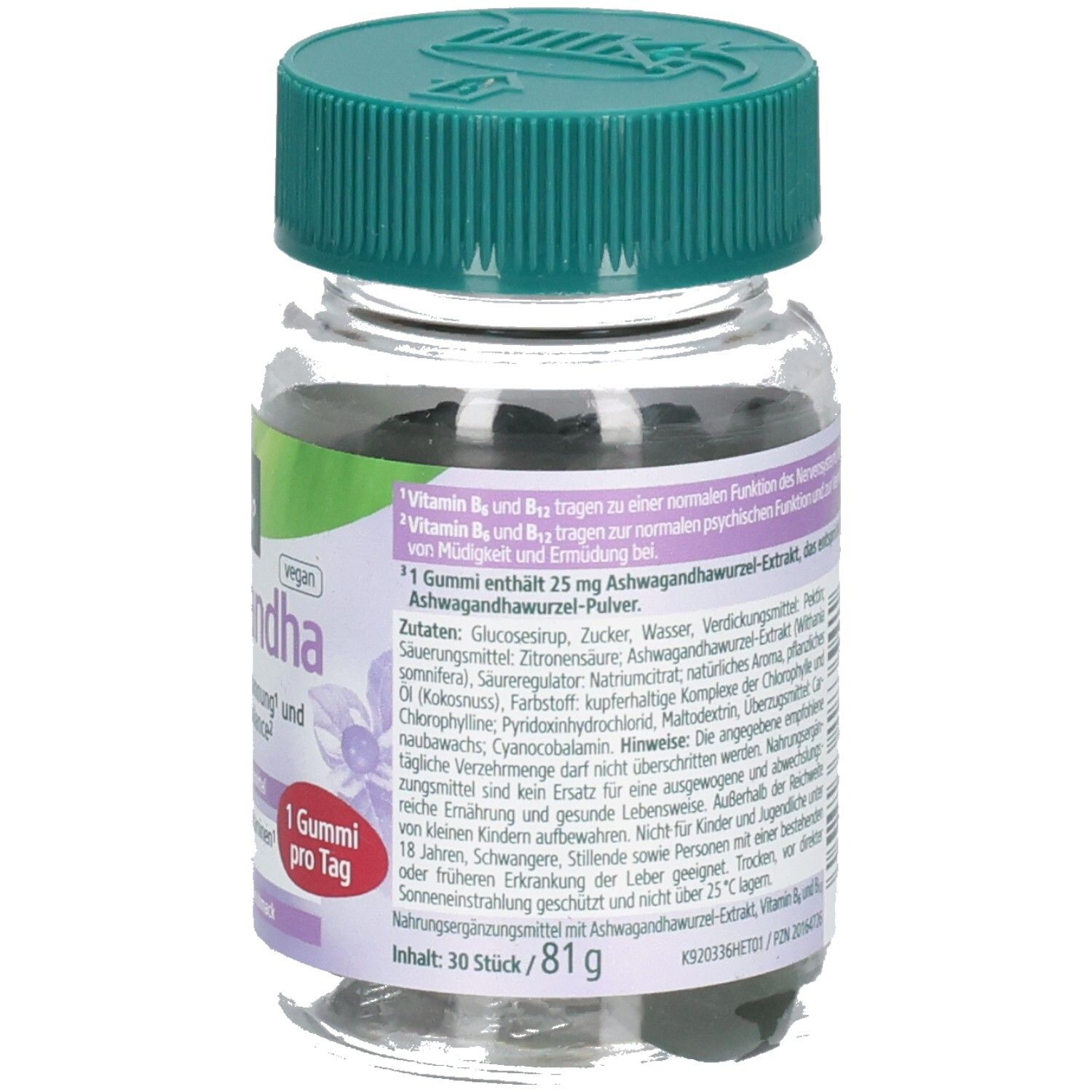 Flacon de KNEIPP Ashwagandha Gummies. Étiquette avec ingrédients et recommandations. Bouchon vert. 30 gommes.