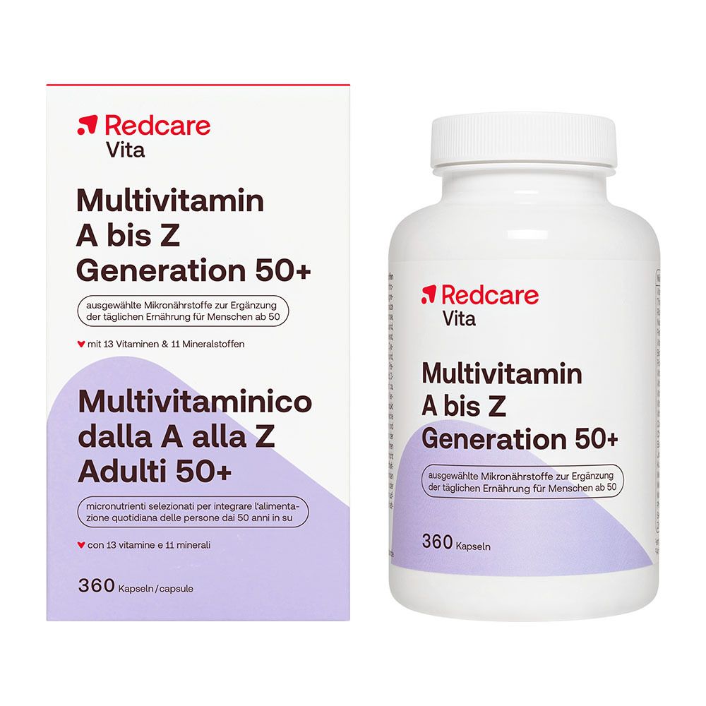 Emballage et boîte Redcare Vita Multivitamin A bis Z Generation 50+ avec 360 gélules.