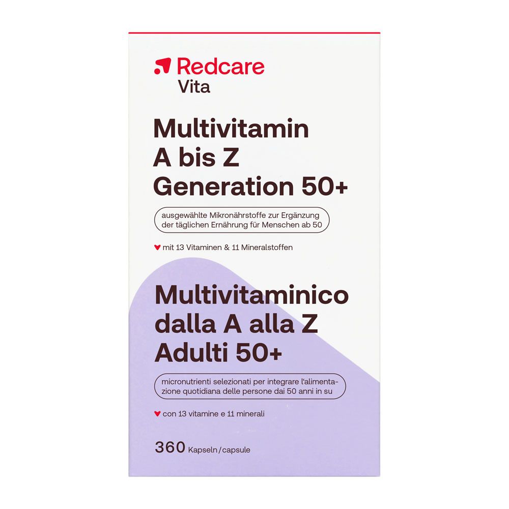 Face avant de l'emballage Redcare Vita Multivitamin A bis Z Generation 50+ avec 360 gélules.