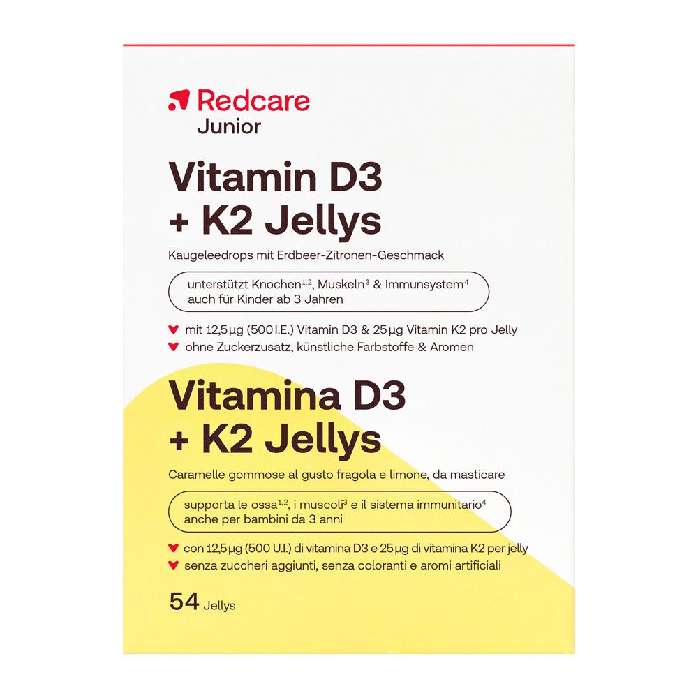 Verpackung von Redcare Junior Vitamin D3 + K2 Jellys. Enthält 54 Jellys. Aufschrift: Vitamin D3 + K2 Jellys.