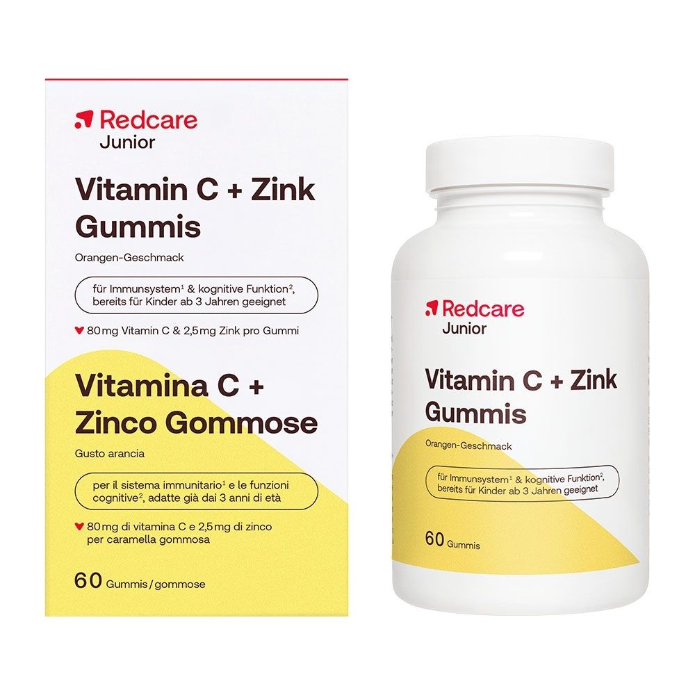 Redcare Junior Vitamin C + Zink Gummis Verpackung und Flasche mit 60 Gummis.