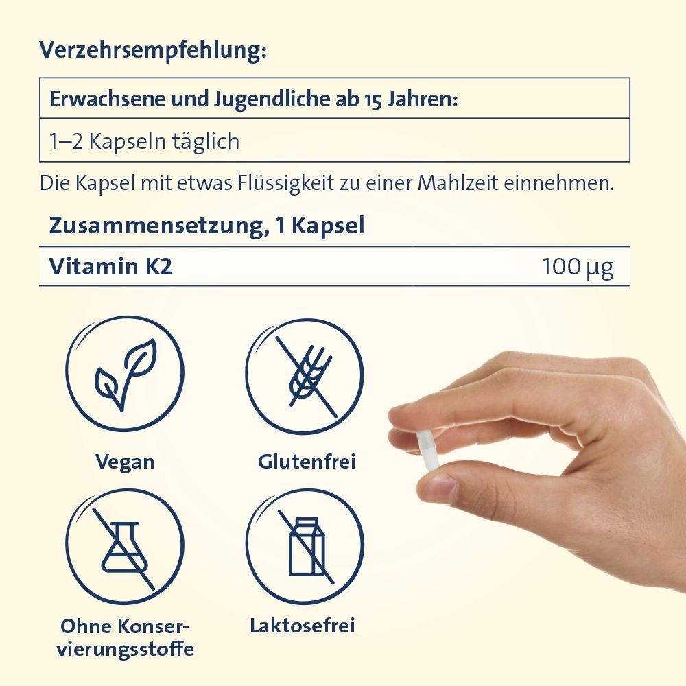 Vier Kreise mit Symbolen und Text, die die Eigenschaften 'Vegan', 'Glutenfrei', 'Ohne Konservierungsstoffe' und 'Laktosefrei' darstellen.