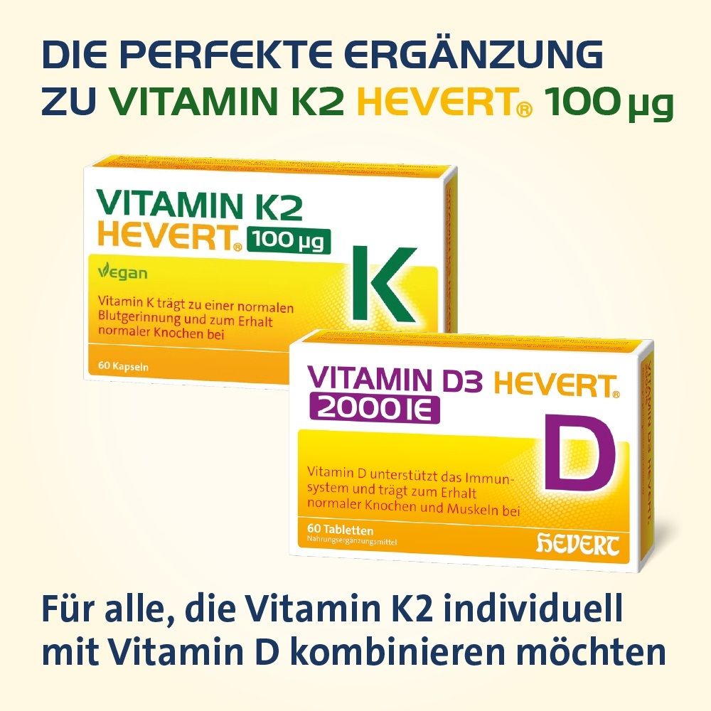 Zwei Produktverpackungen: Vitamin K2 Hevert 100 µg und Vitamin D3 Hevert 2000 IE.