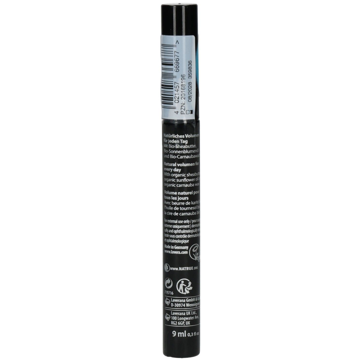 Arrière du Mascara Volume Lavera Water Resistant, noir, 9ml, avec label BIO.