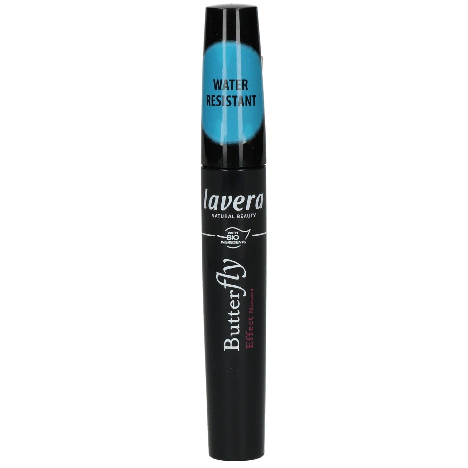 Tube de mascara noir avec accent bleu et texte blanc. Inscription "WATER RESISTANT" et "lavera".