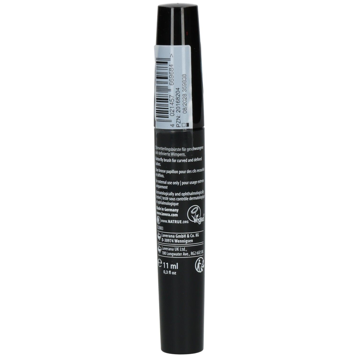 Tube de mascara noir avec étiquette blanche. Contient du texte, un label Vegan et l'inscription "11 ml".