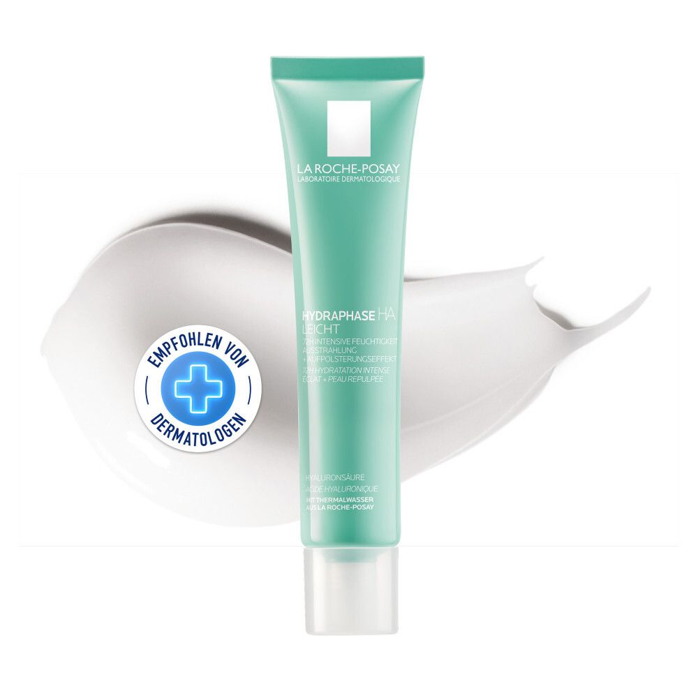 Grüne Tube La Roche-Posay Hydraphase HA Leicht. Auf Creme-Klecks mit „Empfohlen von Dermatologen“-Logo.