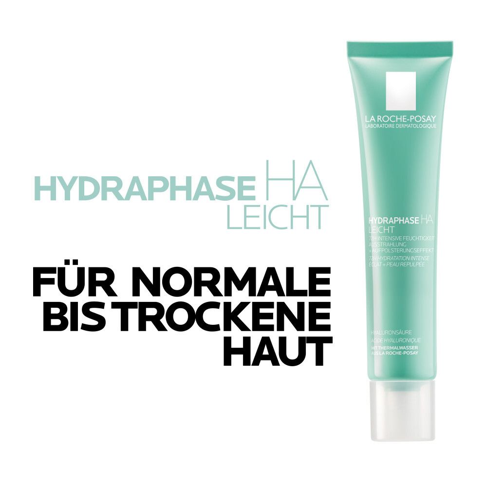 La Roche-Posay Hydraphase HA Leicht. Text für normale bis trockene Haut. Grüne Tube.