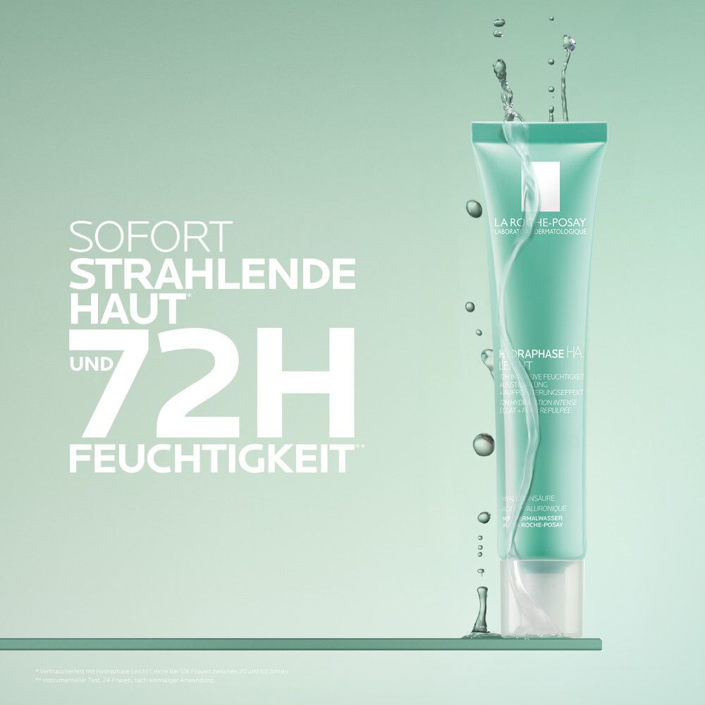 Grüne Tube La Roche-Posay Hydraphase HA Leicht. Text: Sofort strahlende Haut und 72H Feuchtigkeit.