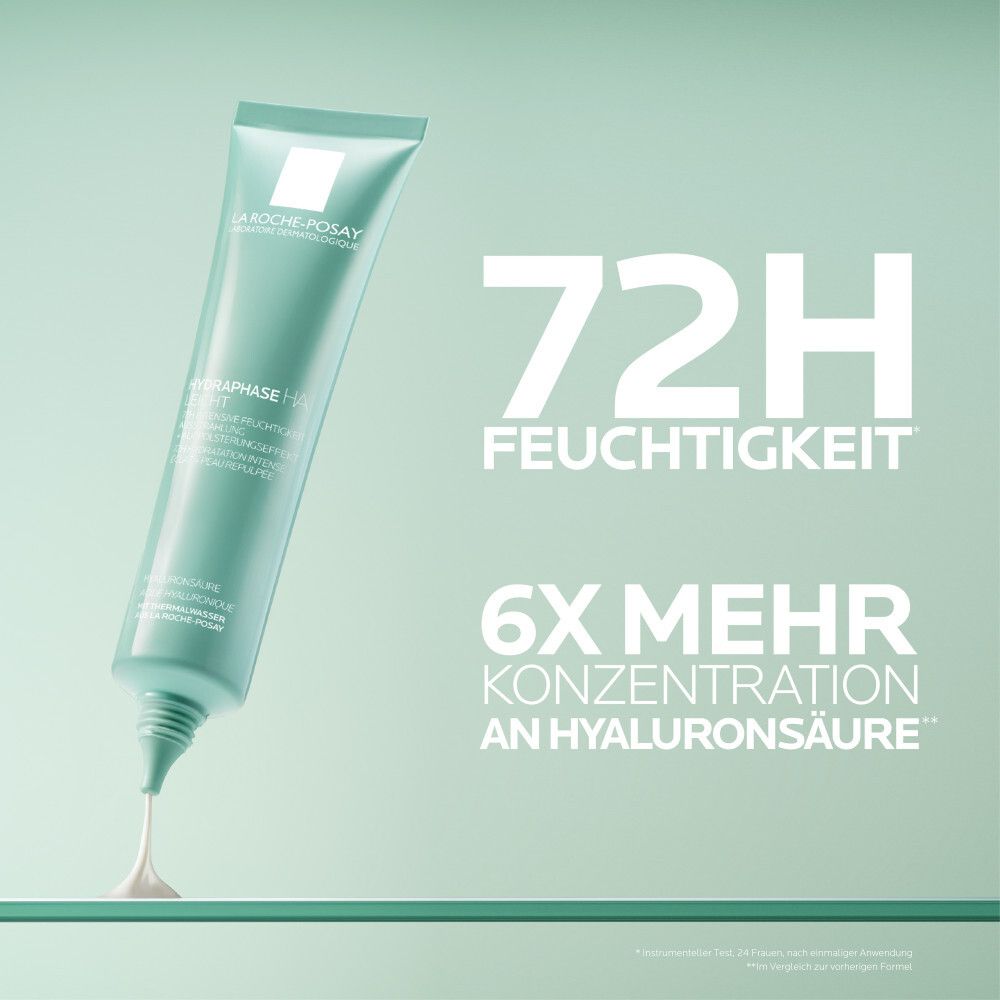 Grüne Tube La Roche-Posay Hydraphase HA Leicht. Text: 72H Feuchtigkeit, 6x mehr Hyaluronsäure.