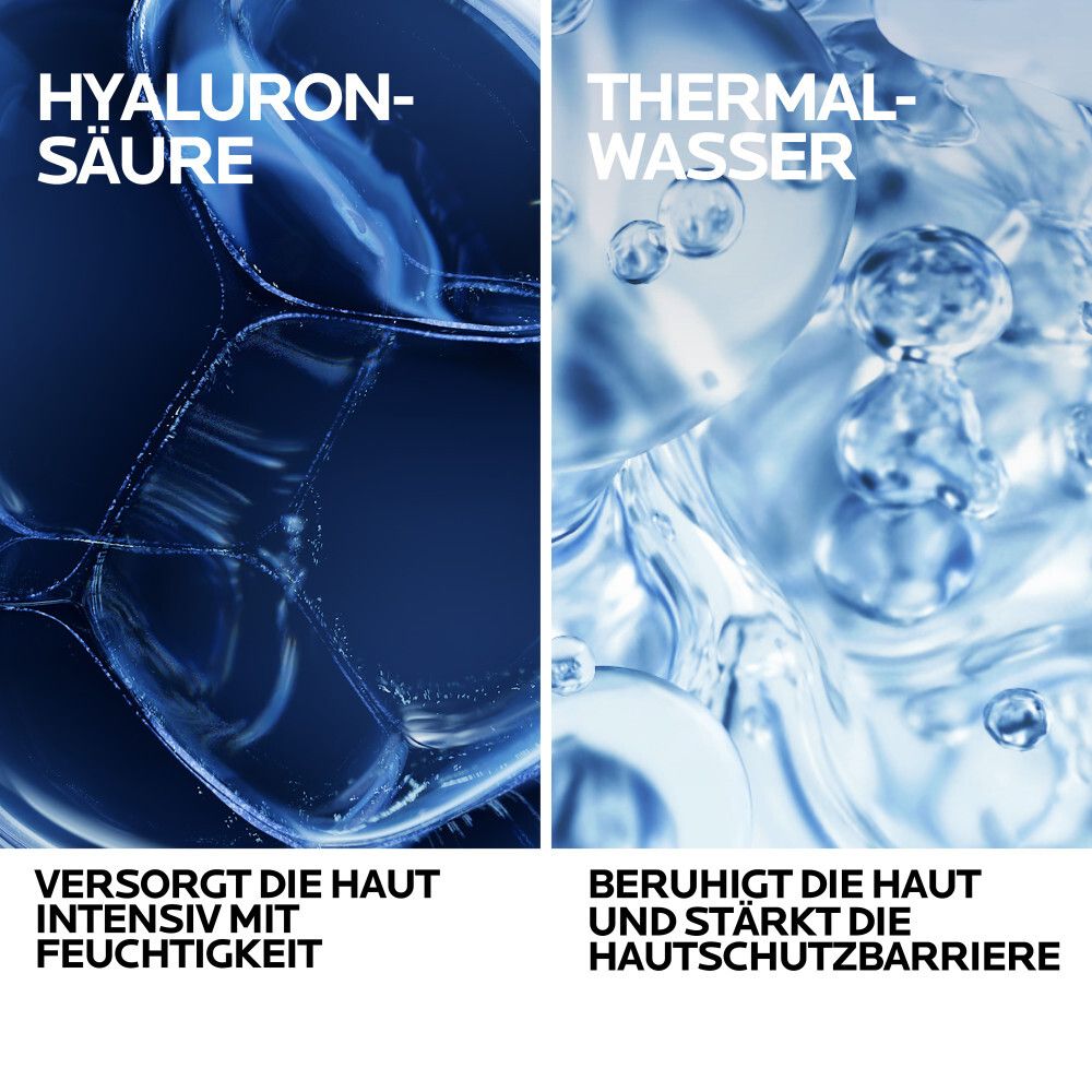 Grafik: Hyaluronsäure versorgt intensiv mit Feuchtigkeit. Thermalwasser beruhigt und stärkt die Haut.