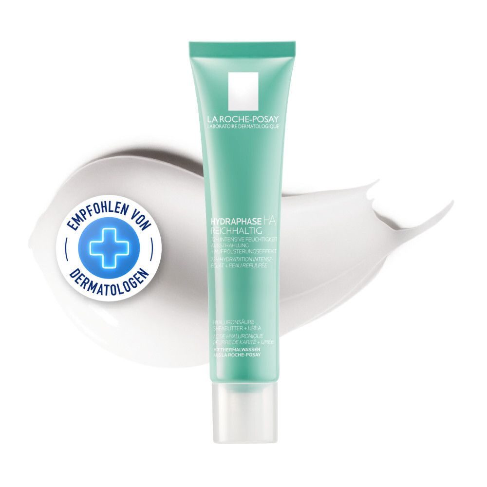 Tube vert avec crème blanche. Inscription: La Roche-Posay, Hydraphase HA Reichhaltig. Recommandé par les dermatologues.