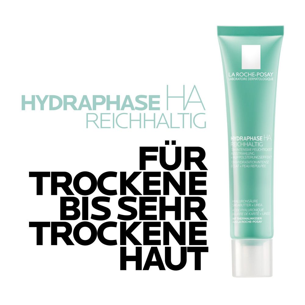 Tube vert avec texte: Hydraphase HA Reichhaltig. Pour peaux sèches à très sèches.