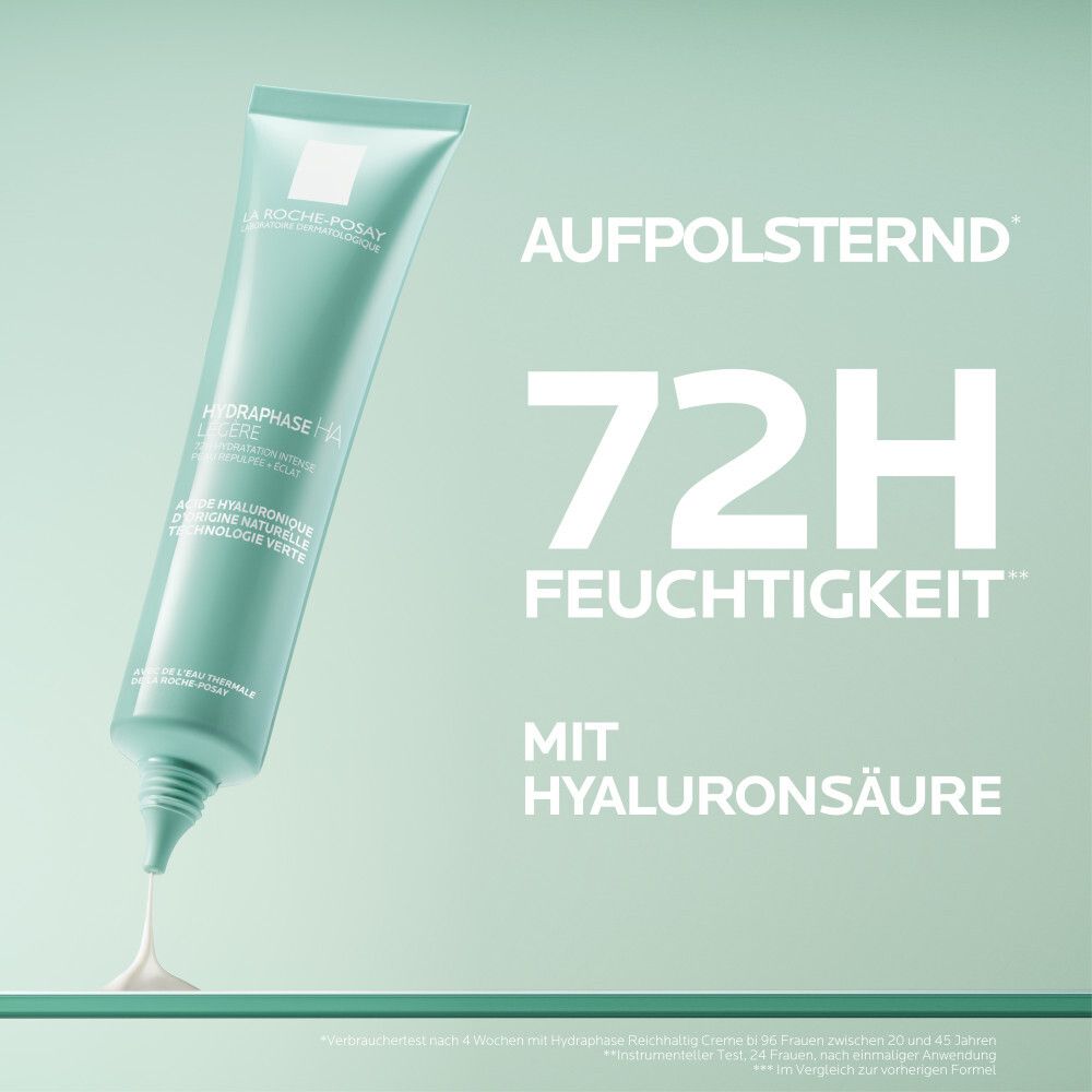 Tube vert avec texte: 72H d'hydratation, avec acide hyaluronique. Sortie de crème.