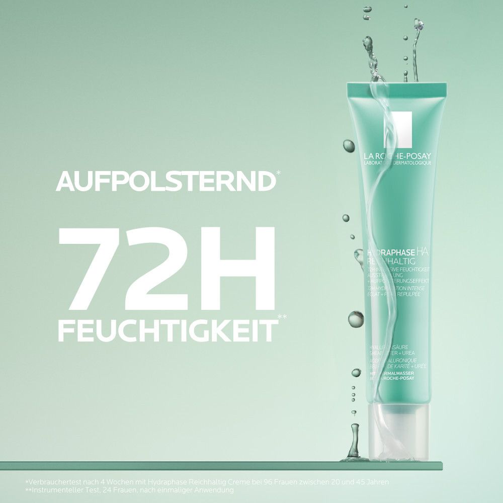 Tube vert avec texte: 72H d'hydratation, avec acide hyaluronique. Effet eau.