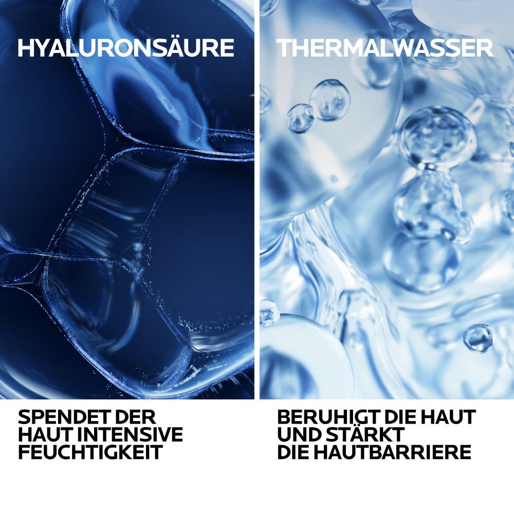 Deux zones: Acide hyaluronique et eau thermale. Texte: Hydrate intensément, apaise la peau.