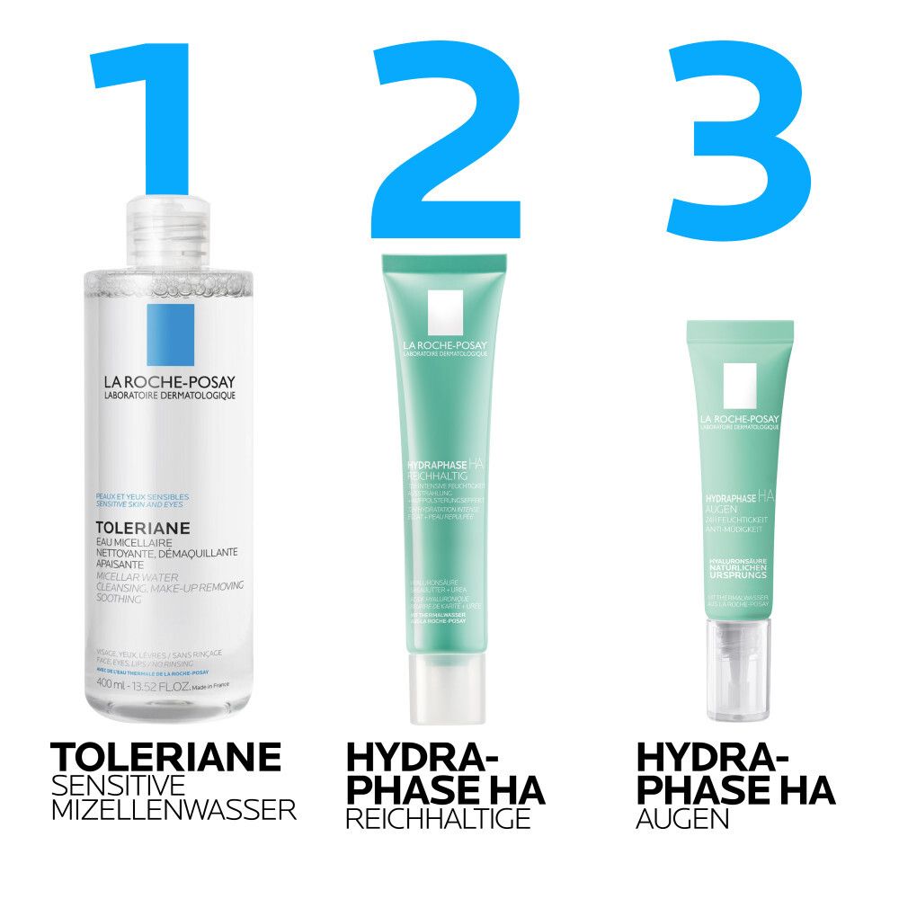 Trois produits: Eau micellaire, Hydraphase HA Reichhaltig, Hydraphase HA Yeux.