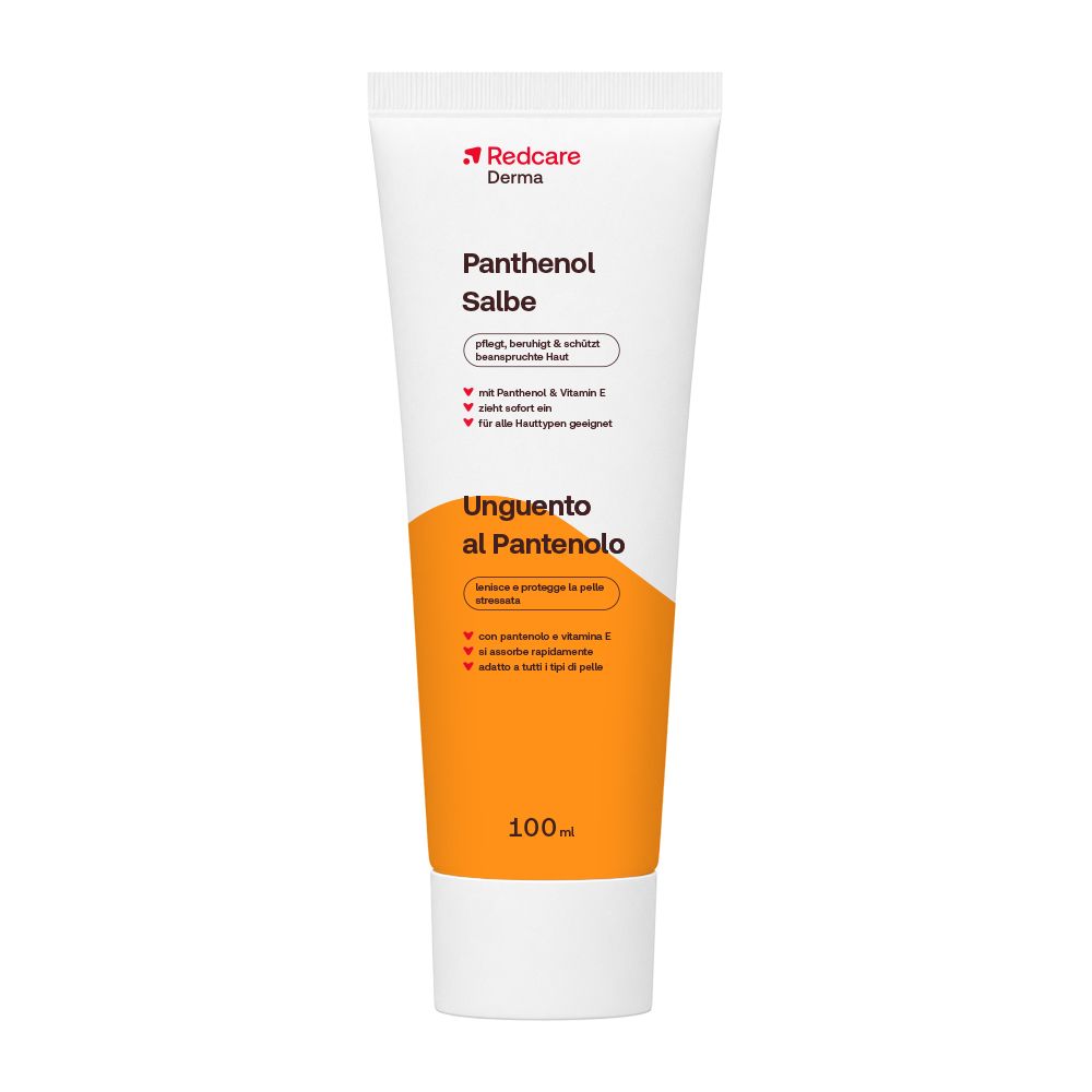 Redcare Derma Panthenol Salbe Tube mit orangefarbenem Akzent.