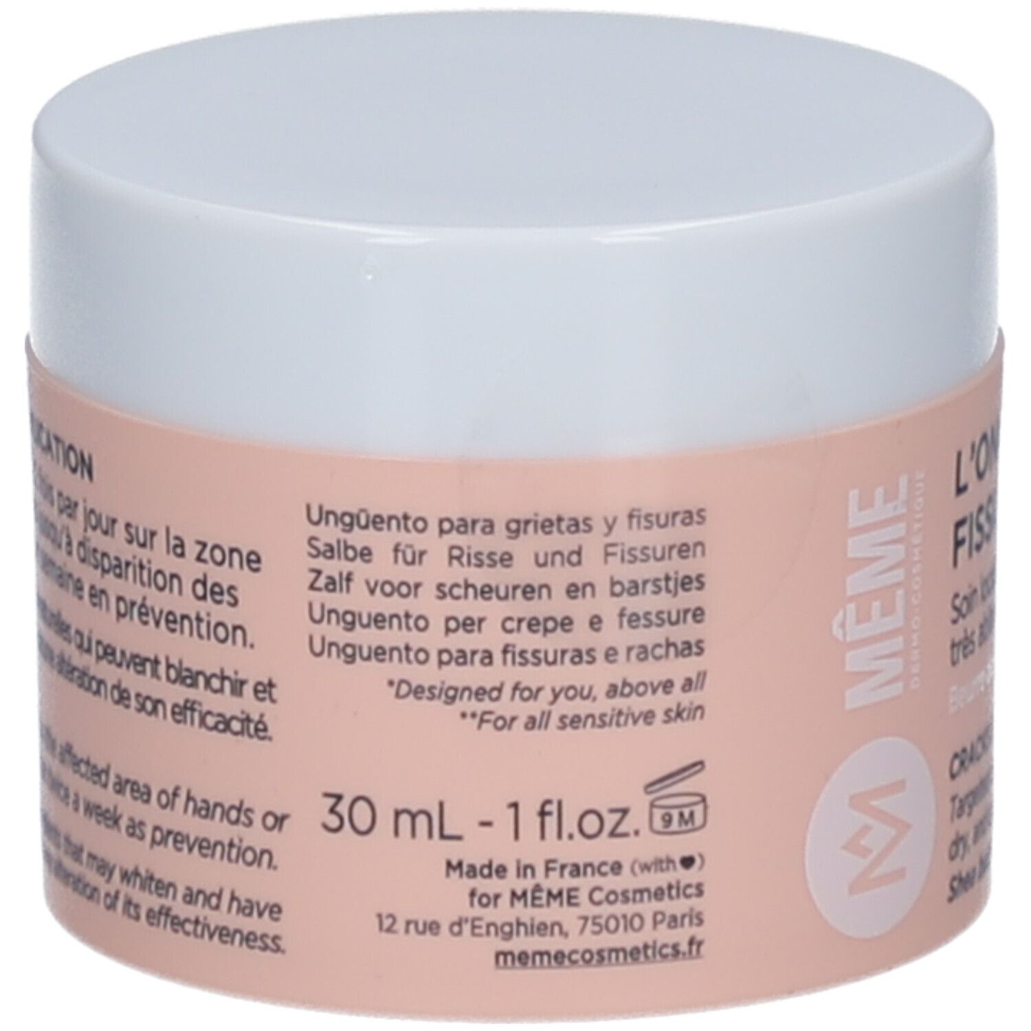 Pot de crème blanc et étiquette rose. Inscriptions: Unguento, Salbe, Zalf, Onguent. Marque: MÊME Cosmetics.