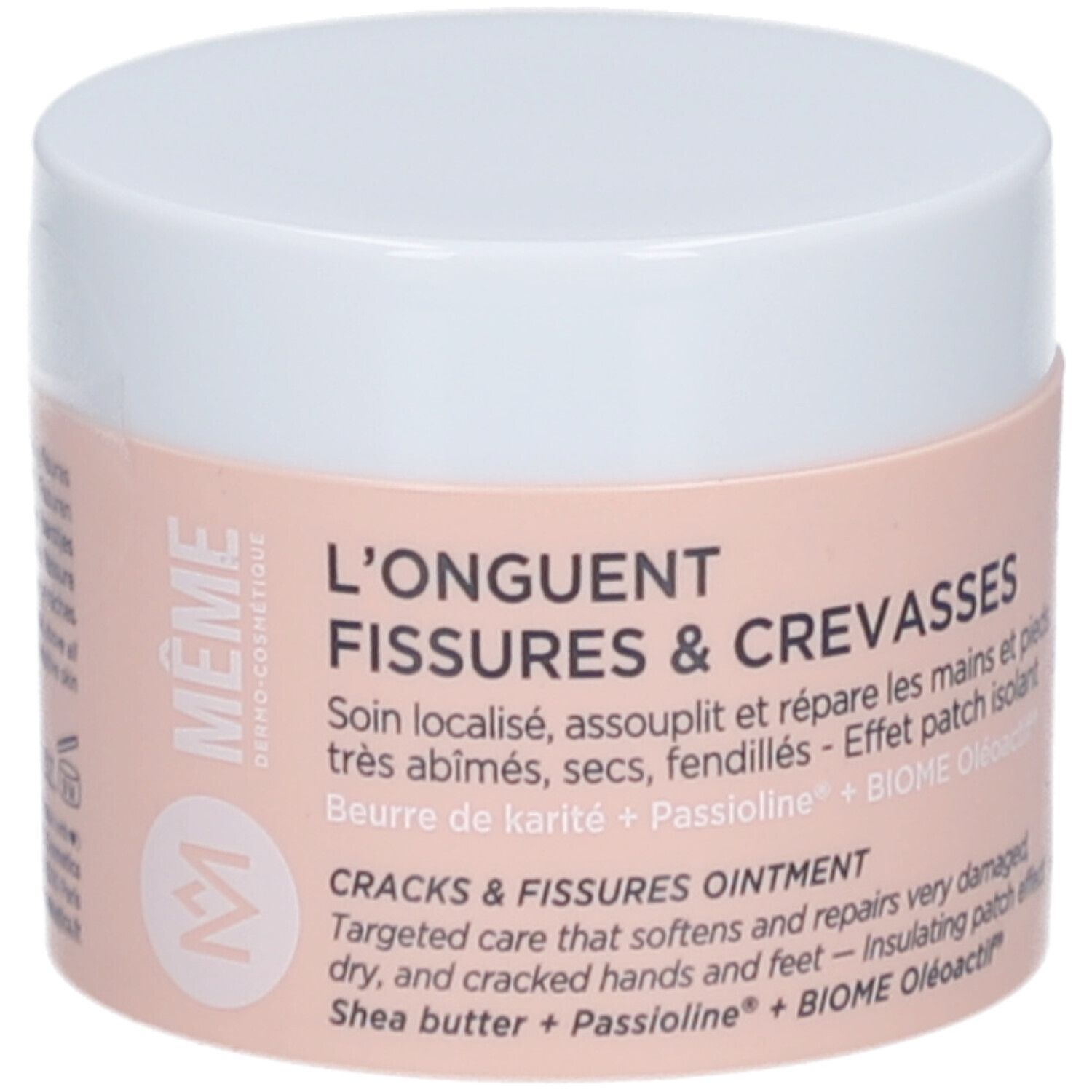 Pot de crème blanc et étiquette rose. Texte: L’Onguent Fissures & Crevasses, Beurre de karité + Passioline. Marque: MÊME Cosmetics.