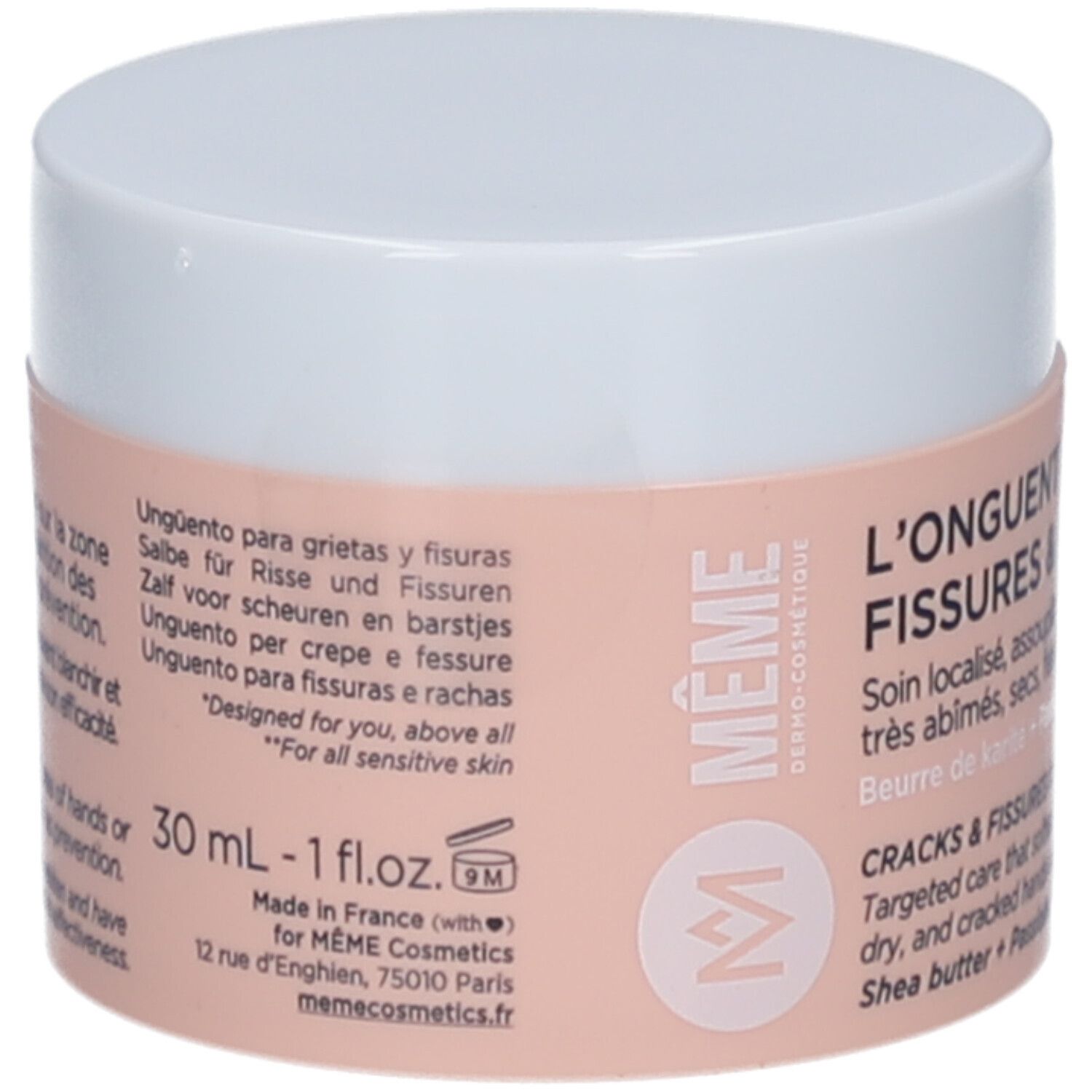 Pot de crème blanc et étiquette rose. Texte: Unguento, Salbe, Zalf, Onguent. Marque: MÊME Cosmetics, 30 ml.