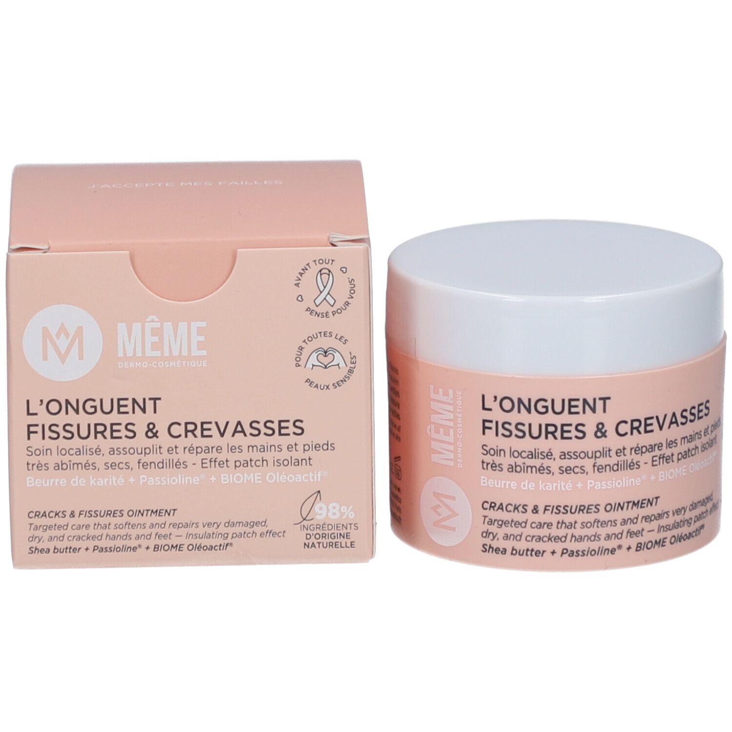 Pot de crème et boîte. Texte: L’Onguent Fissures & Crevasses. Marque: MÊME Cosmetics. 98% ingrédients naturels.