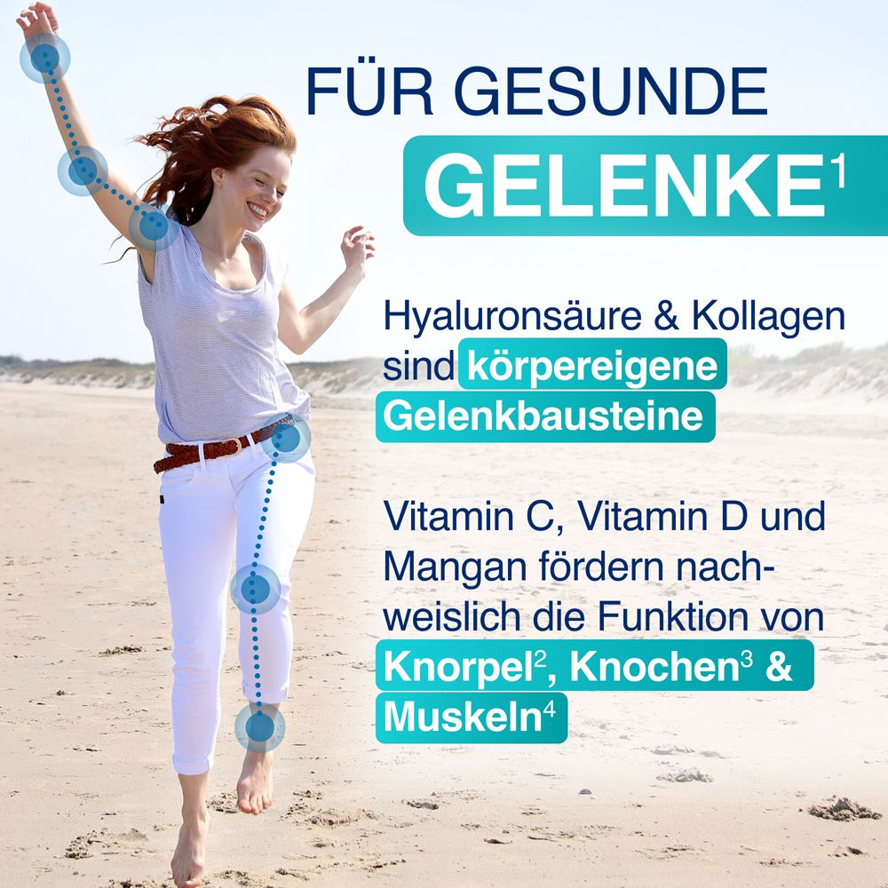 Femme courant sur la plage. Le graphique montre des informations sur les articulations saines. Contient de l'acide hyaluronique et du collagène.