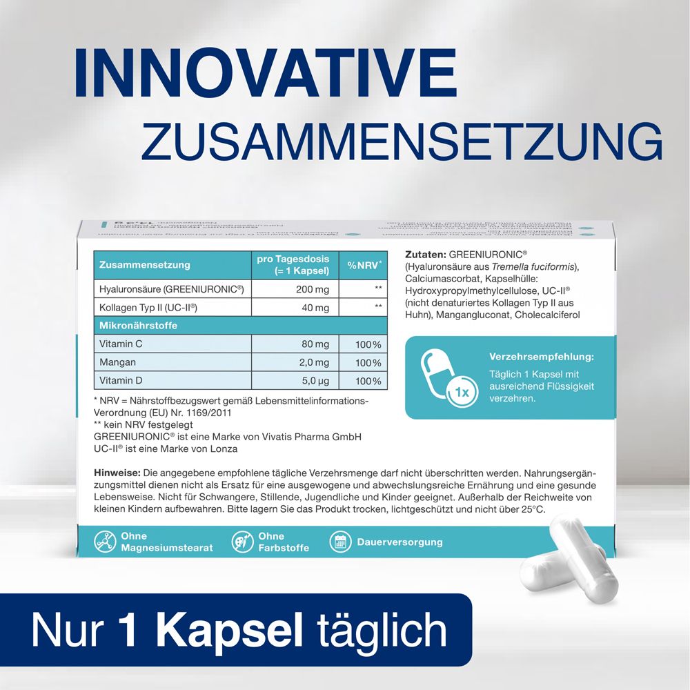 Informations sur la composition de GELENCIUM Hyaluron Kollagen. Contient de l'acide hyaluronique, du collagène, des vitamines.