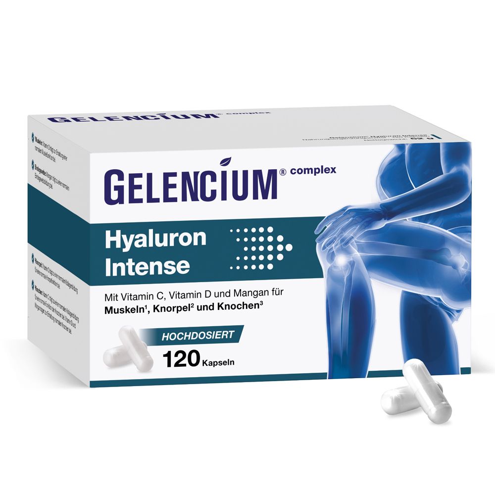 Boîte de GELENCIUM® Hyaluron Intense. 120 gélules. Contient Vitamine C, D, Manganèse. Pour muscles, cartilage et os.