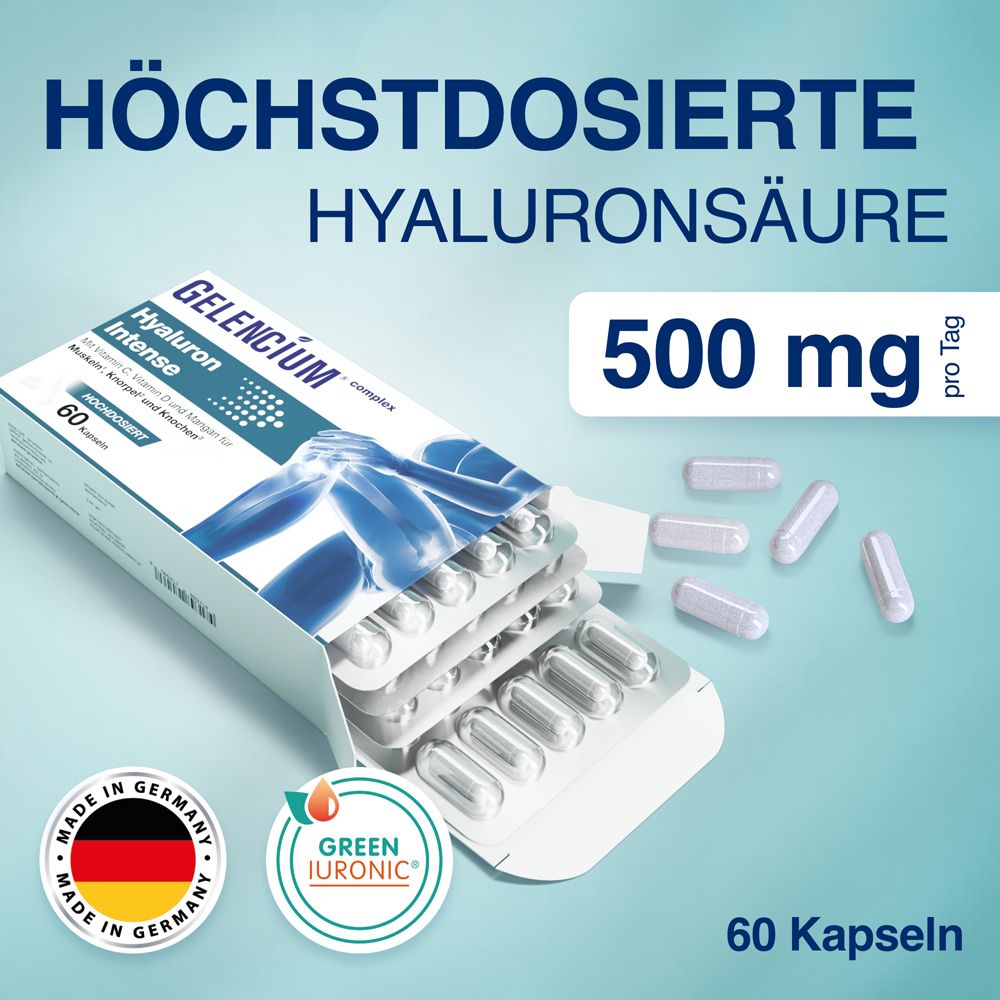 Boîte GELENCIUM® Hyaluron Intense. 60 gélules. 500 mg acide hyaluronique. Fabriqué en Allemagne. Green IURONIC®.