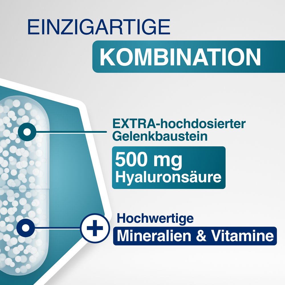 Gélule avec 500 mg d'acide hyaluronique. Contient minéraux et vitamines. Gélule bleue et blanche. Vue détaillée.