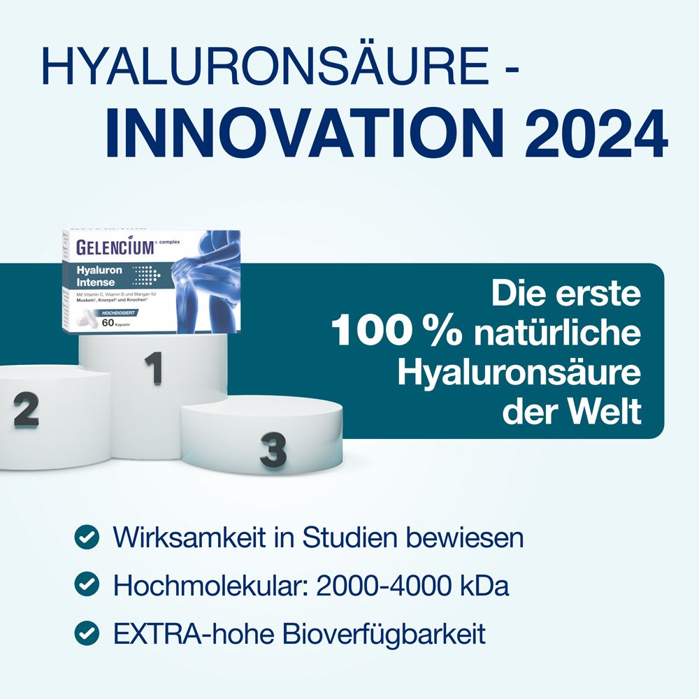 Boîte GELENCIUM® Hyaluron Intense. 60 gélules. 100% acide hyaluronique naturel. Innovation 2024. Études prouvées.