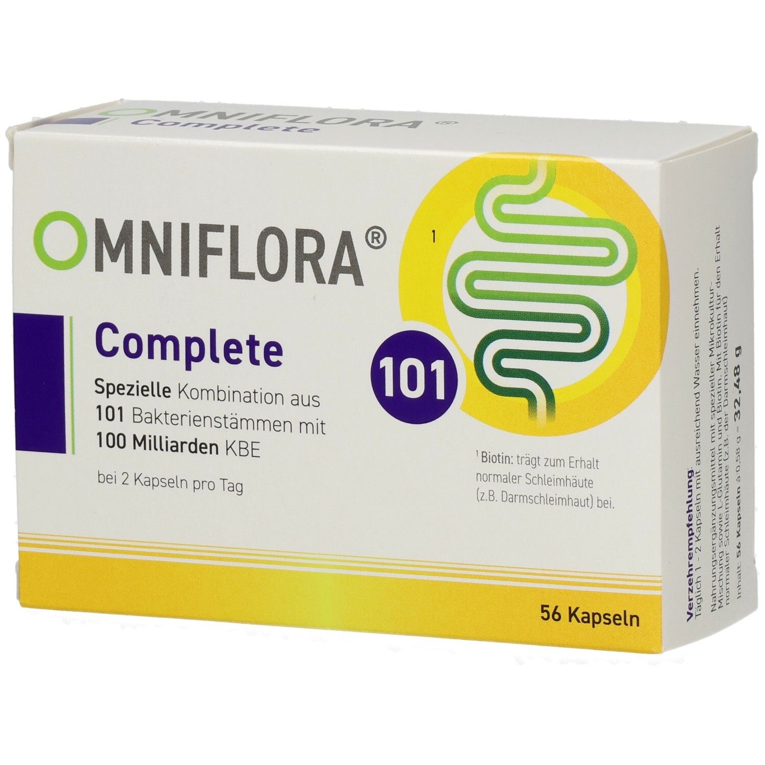 Boîte blanche OMNIFLORA Complete. Contient 101 souches bactériennes, 100 Mrd. UFC. 56 gélules. Logo jaune avec illustration intestinale.