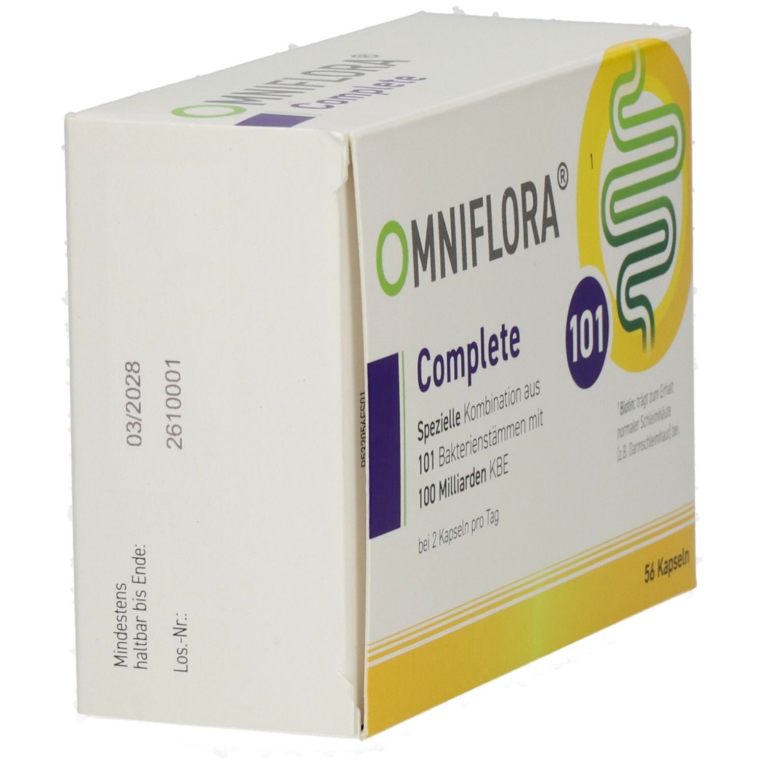 Boîte OMNIFLORA Complete, blanche. Contient 101 souches bactériennes. Impression : 03/2028. 56 gélules. Logo jaune avec illustration intestinale.