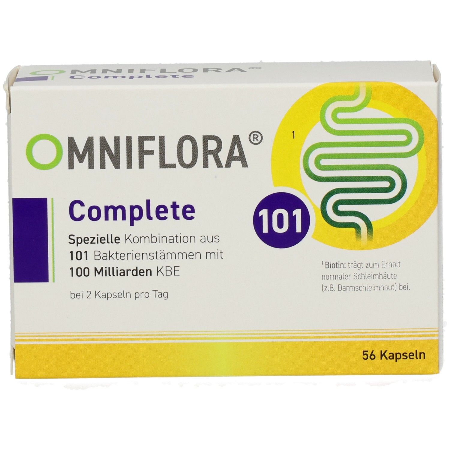 Boîte blanche OMNIFLORA Complete. Contient 101 souches bactériennes, 100 Mrd. UFC. 56 gélules. Logo jaune avec illustration intestinale.