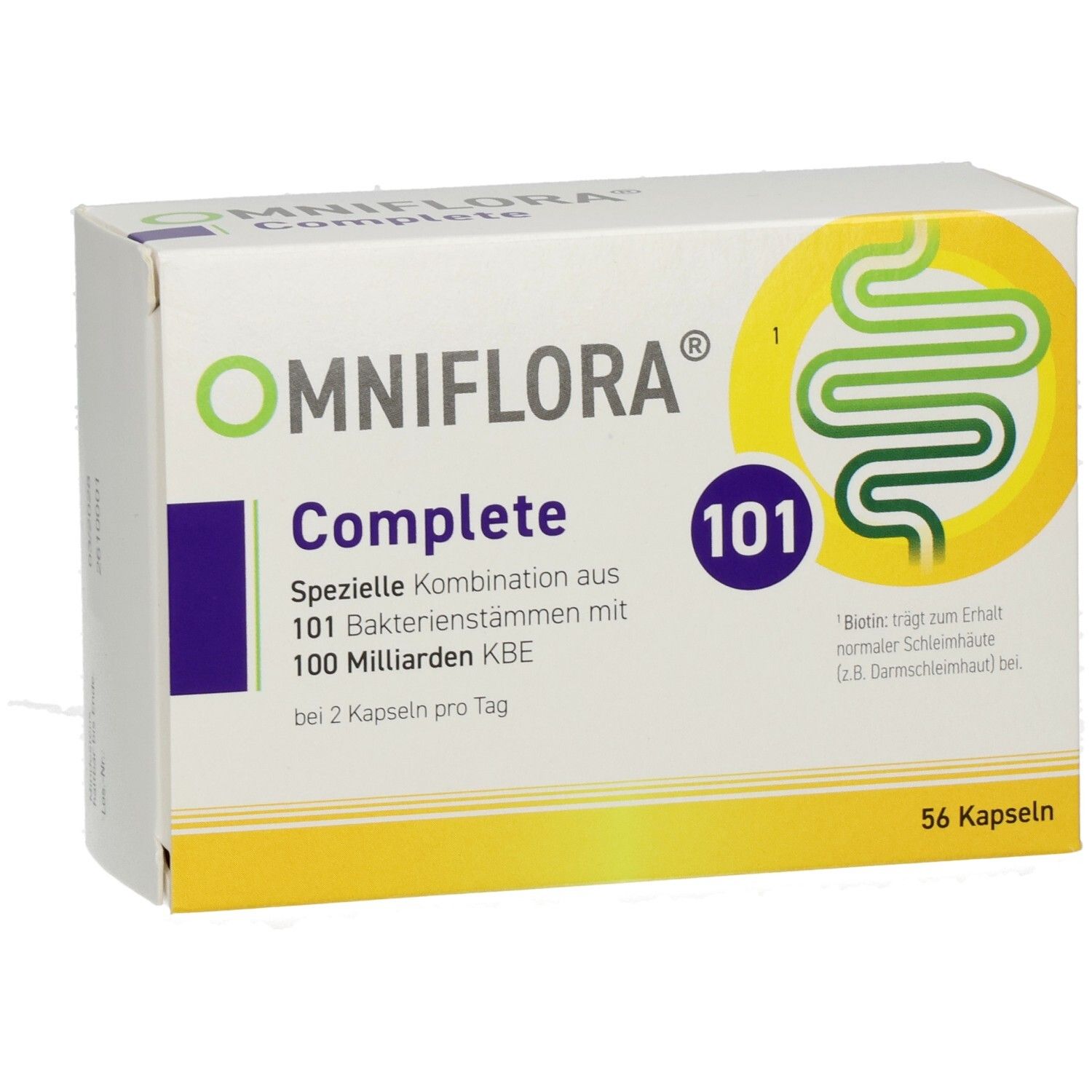 Boîte blanche OMNIFLORA Complete. Contient 101 souches bactériennes, 100 Mrd. UFC. 56 gélules. Logo jaune avec illustration intestinale.